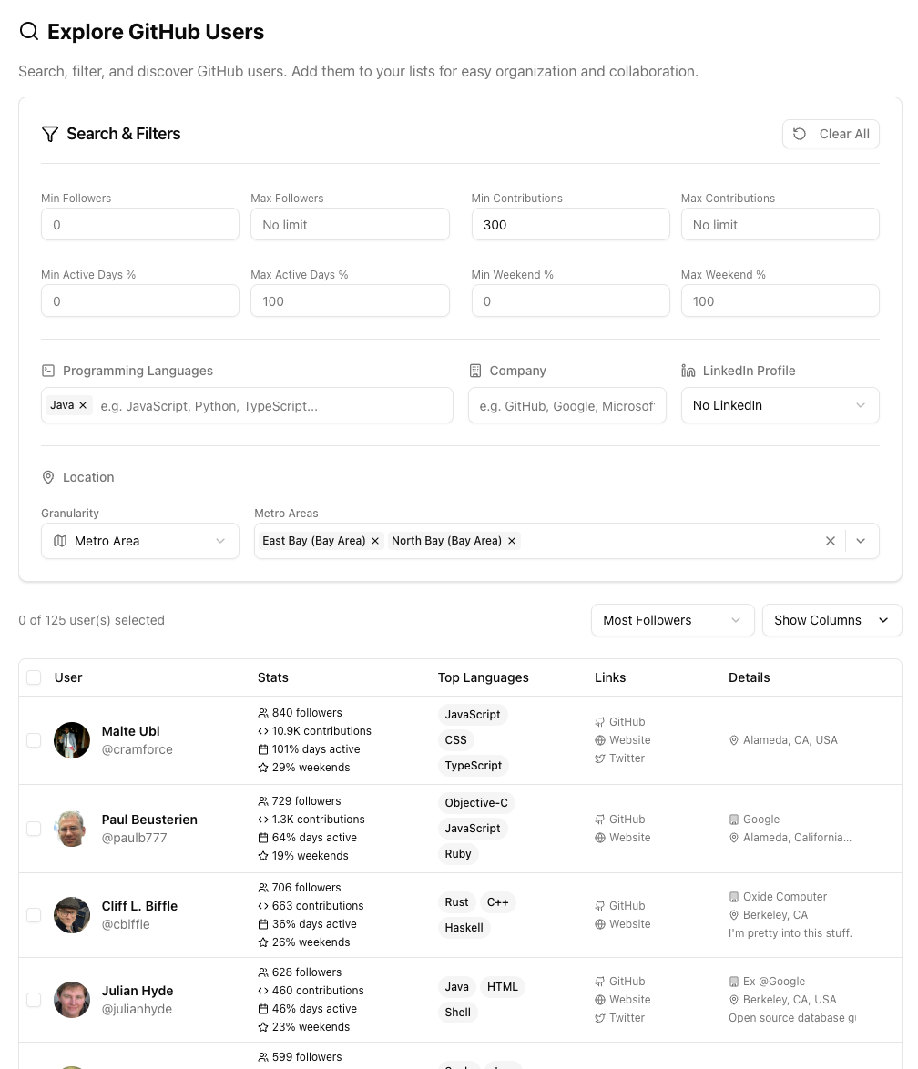 Amor dashboard search interface showing advanced filtering capabilities